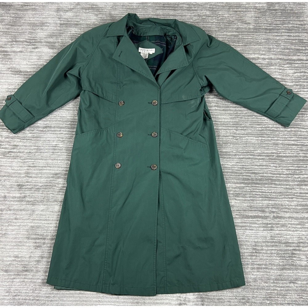 Saxton Hall Trench Coat Women 11/12 Green Double Breasted Vintage Plaid Lined